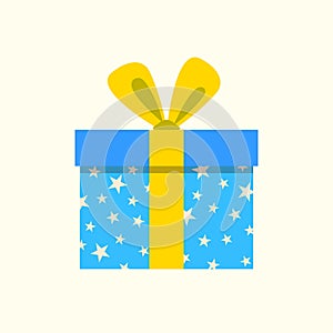 Gift box icon with ribbon and bow. Present package for Christmas or Birthday celebration. Design element for surprise, party